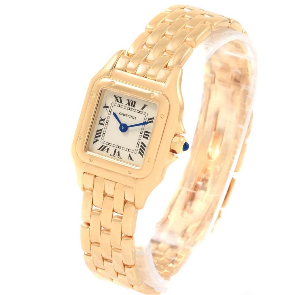 The image shows a Cartier Panthere W25022B9 Women's Yellow Gold Silver Dial W25022B9 Women's Yellow Gold Silver Dial watch at a slight angle, displaying the face, bezel, and bracelet.