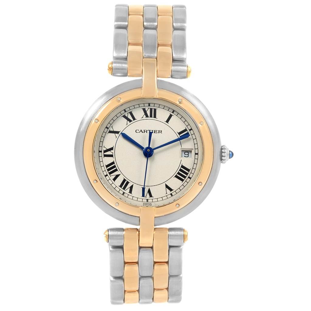 The image shows a front view of a Cartier Panthère watch, highlighting its round face, Roman numerals, and two-tone metal band.