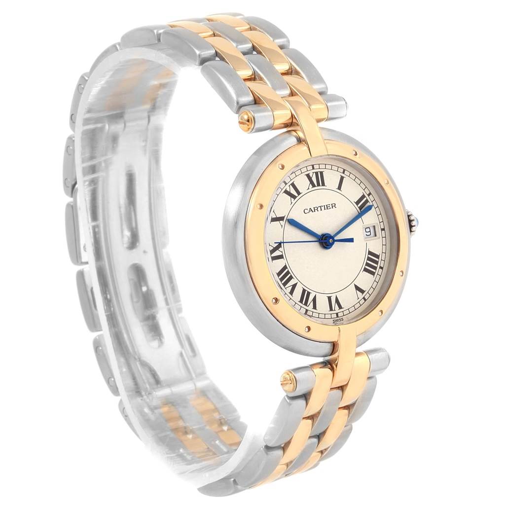 The image shows a side angle view of a Cartier Panthere Women
s Steel and Gold (two tone) Silver Dial Women
s Steel and Gold (two tone) Silver Dial watch, highlighting the two-tone metal bracelet and round watch face.