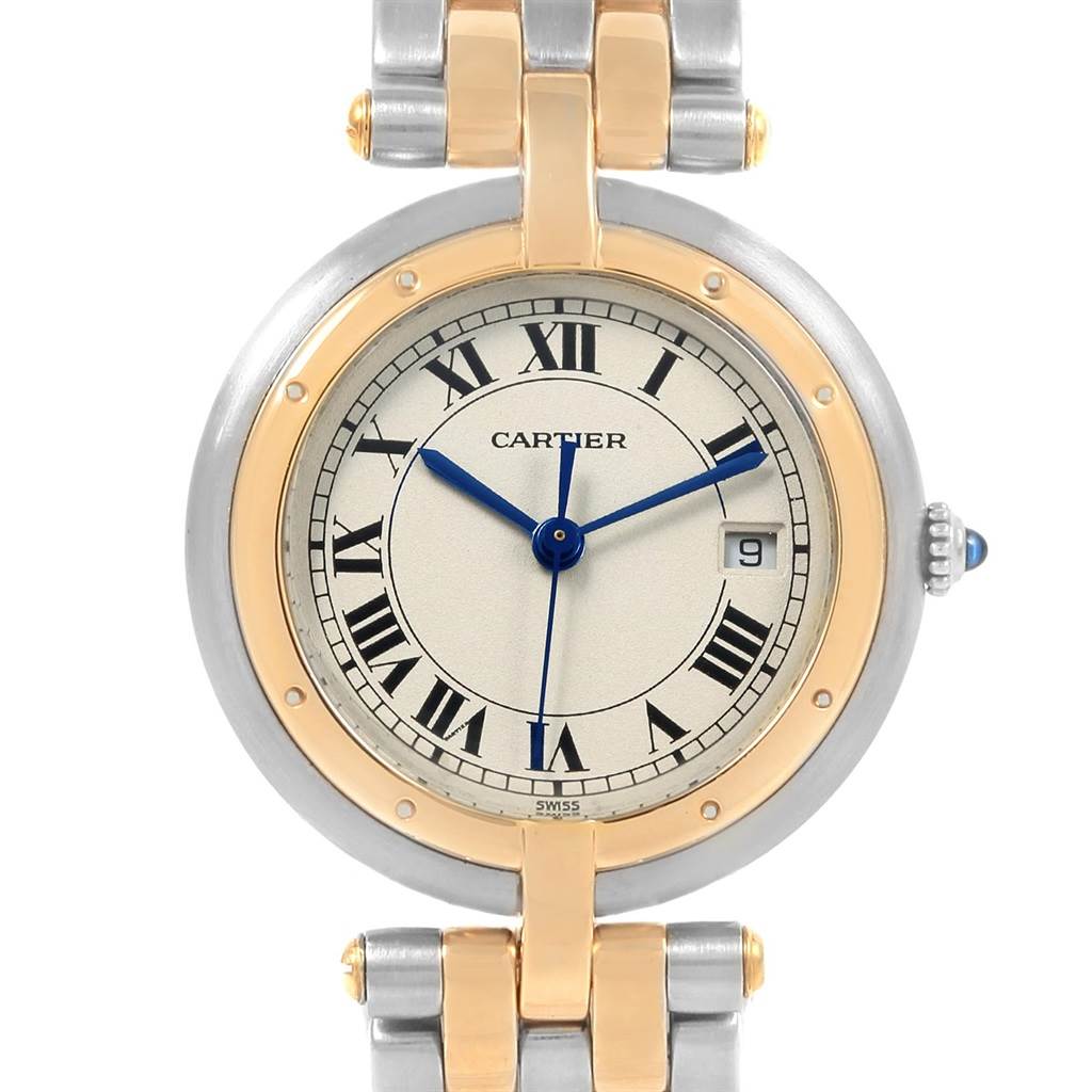 This image shows a front view of a Cartier Panthere Women
s Steel and Gold (two tone) Silver Dial Women
s Steel and Gold (two tone) Silver Dial watch, highlighting the dial, case, and part of the bracelet.