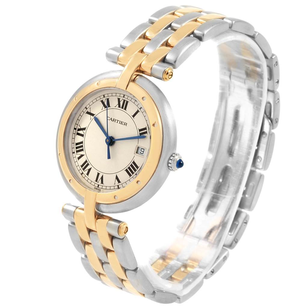 This image shows a Cartier Panthere Women
s Steel and Gold (two tone) Silver Dial Women
s Steel and Gold (two tone) Silver Dial watch at a three-quarter angle, highlighting the two-tone bracelet, round face, and Roman numeral dial.
