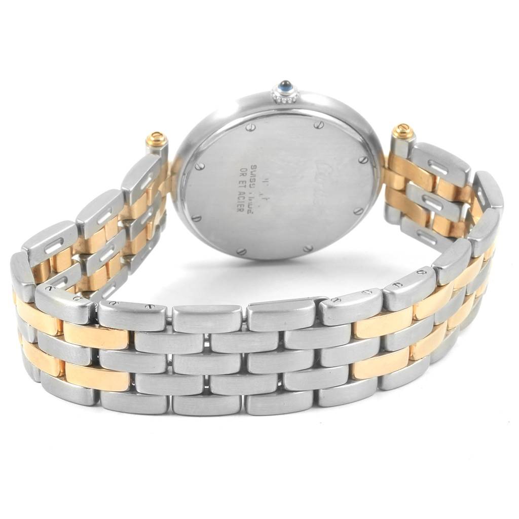 This image shows the back and bracelet of a Cartier Panthere Women
s Steel and Gold (two tone) Silver Dial Women
s Steel and Gold (two tone) Silver Dial watch, highlighting the two-tone metal design.