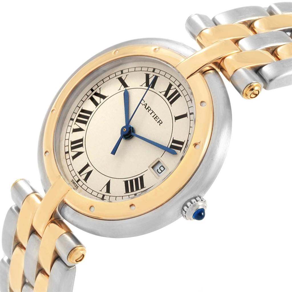 This image shows the Cartier Panthere Women
s Steel and Gold (two tone) Silver Dial Women
s Steel and Gold (two tone) Silver Dial watch at an angled view, highlighting the face, Roman numerals, hands, bezel, and part of the bracelet.
