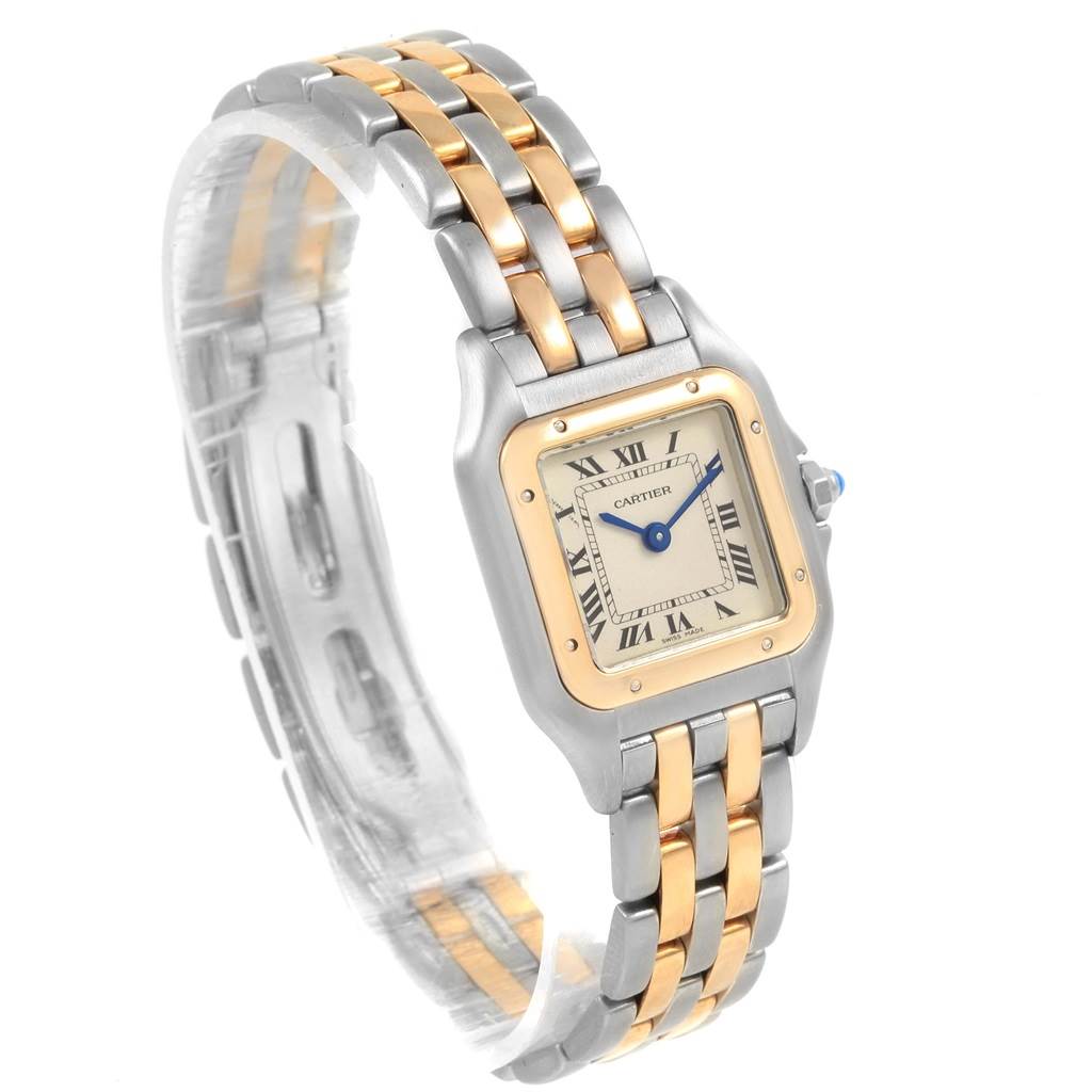 This image shows a Cartier Panthere W25029B6 Women
s Stainless Steel Silver Dial W25029B6 Women
s Stainless Steel Silver Dial watch from a front-side angle, highlighting its two-tone bracelet and square dial.