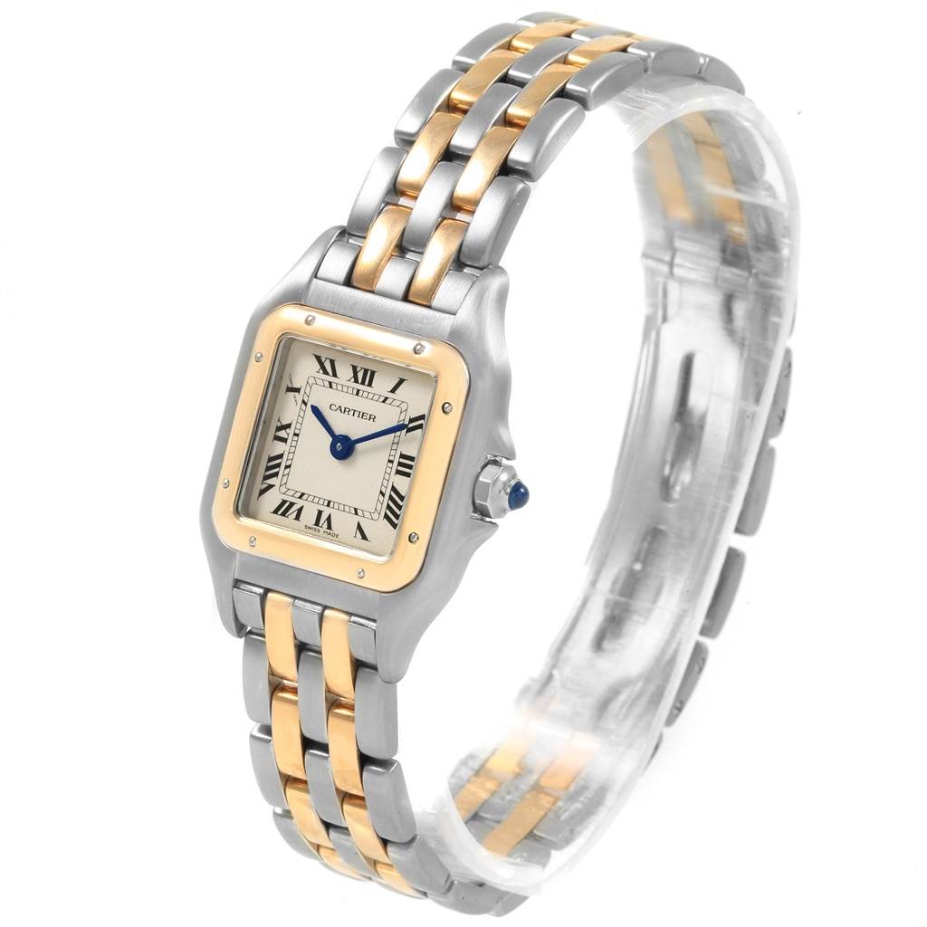 This image shows the Cartier Panthere W25029B6 Women
s Stainless Steel Silver Dial W25029B6 Women
s Stainless Steel Silver Dial watch at an angle, highlighting its case, dial, and two-tone bracelet.