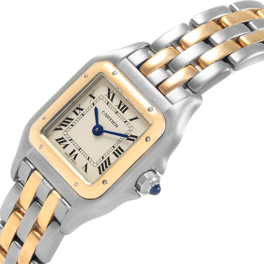 The image shows a Cartier Panthère watch at an angled close-up, displaying the face, bezel, and part of the bracelet.