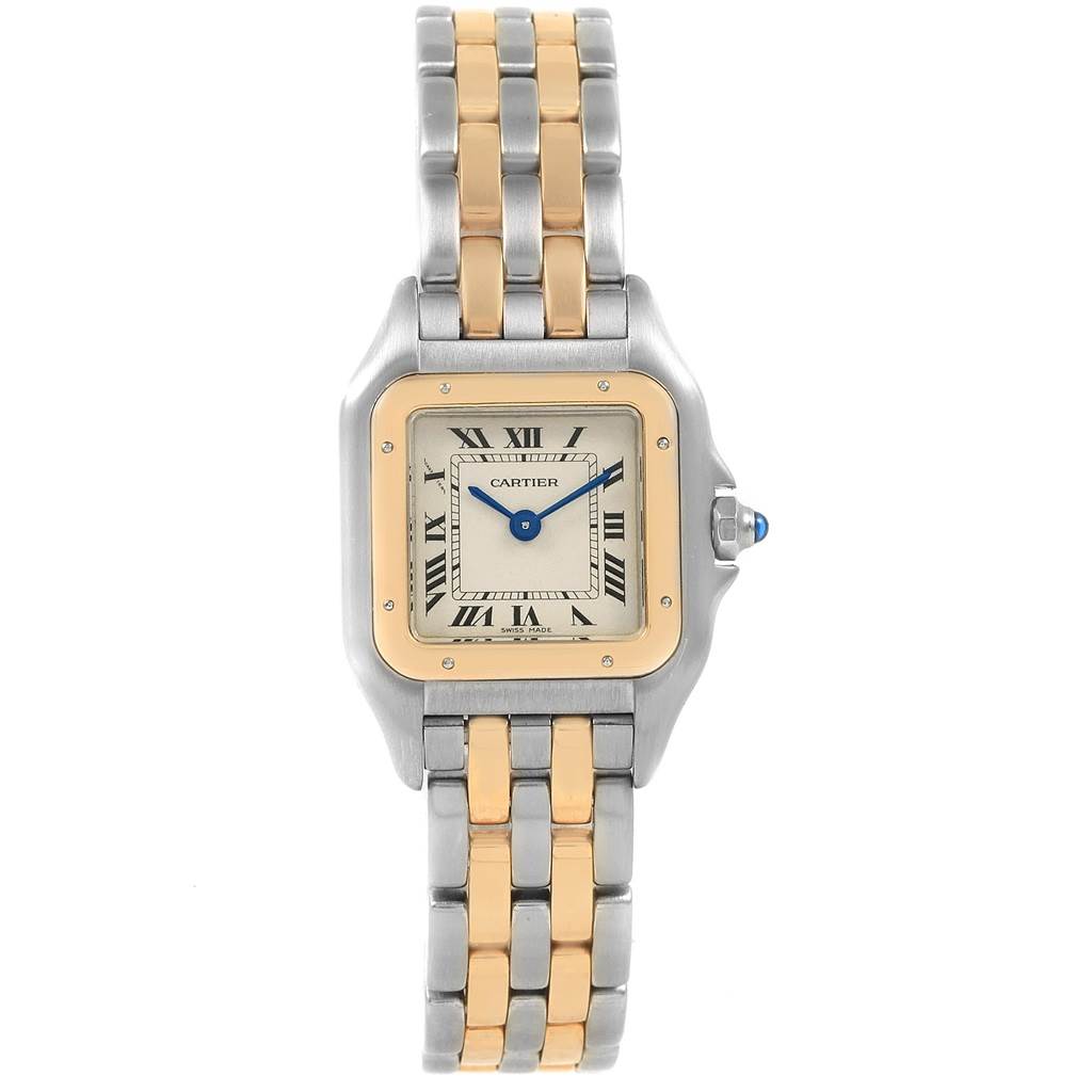 The image shows a front view of the Cartier Panthere W25029B6 Women
s Stainless Steel Silver Dial W25029B6 Women
s Stainless Steel Silver Dial model watch, highlighting its two-tone metal band and square face with Roman numerals.