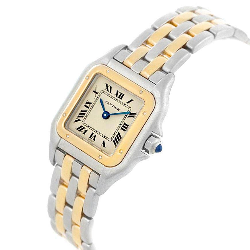 The image shows a Cartier Panthere W25029B6 Women
s Stainless Steel Silver Dial W25029B6 Women
s Stainless Steel Silver Dial watch from an angled top view, highlighting the face, bezel, and two-tone bracelet.