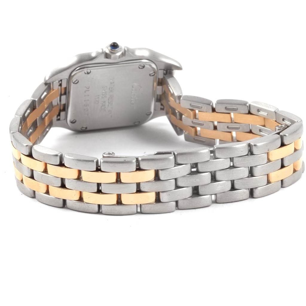 The image shows the back view of the Cartier Panthere W25029B6 Women
s Stainless Steel Silver Dial W25029B6 Women
s Stainless Steel Silver Dial watch, highlighting its two-tone metal bracelet and case back.