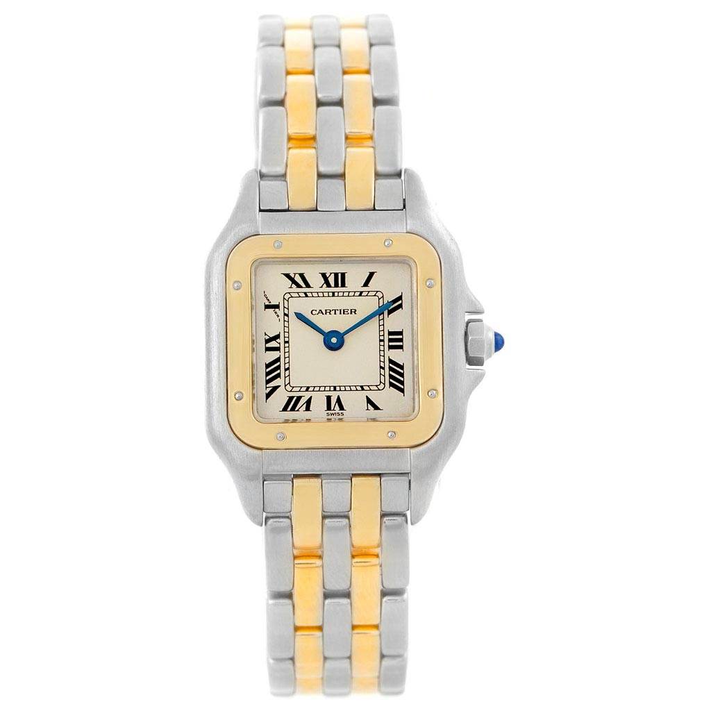 The Cartier Panthere W25029B6 Women
s Stainless Steel Silver Dial W25029B6 Women
s Stainless Steel Silver Dial watch is shown from a frontal angle, detailing its bicolor bracelet and square dial.