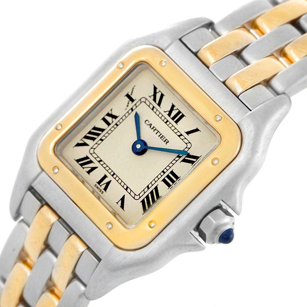 The Cartier Panthere W25029B6 Women
s Stainless Steel Silver Dial W25029B6 Women
s Stainless Steel Silver Dial watch is shown at an angle highlighting the square face, Roman numerals, and two-tone metal bracelet.