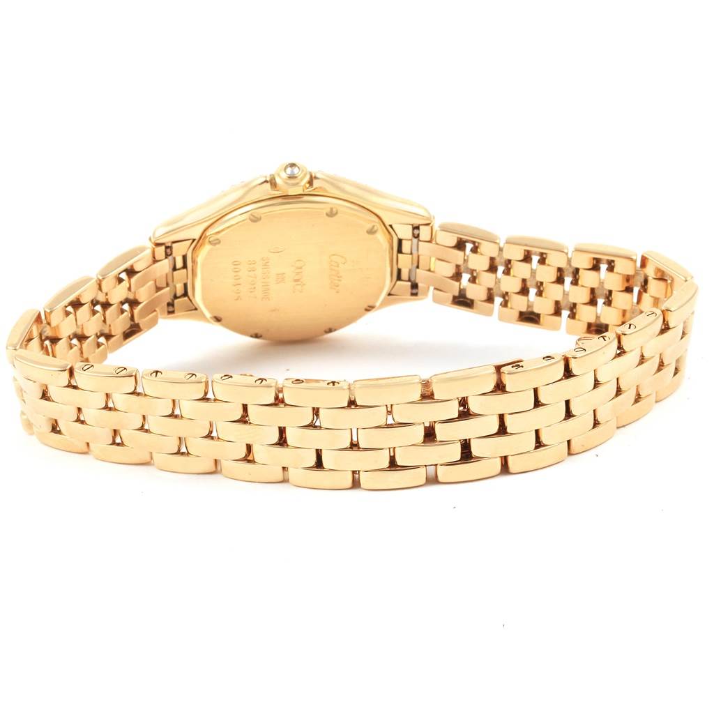 This image shows the back case and bracelet of a Cartier Panthere 887907 Yellow Gold Silver Dial 887907 Yellow Gold Silver Dial watch, taken from a rear angle.