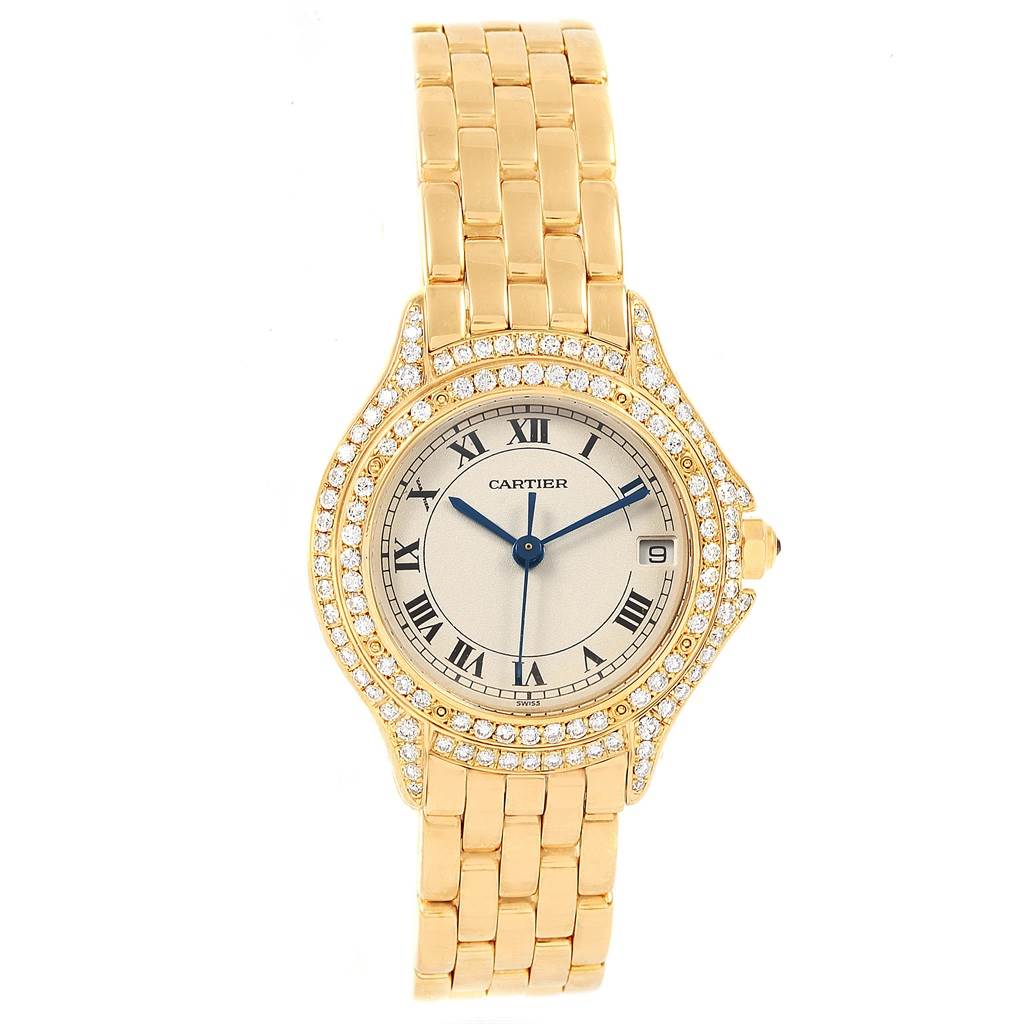 The image shows a front view of a Cartier Panthere 887907 Yellow Gold Silver Dial 887907 Yellow Gold Silver Dial watch, displaying its dial, bezel, and bracelet.