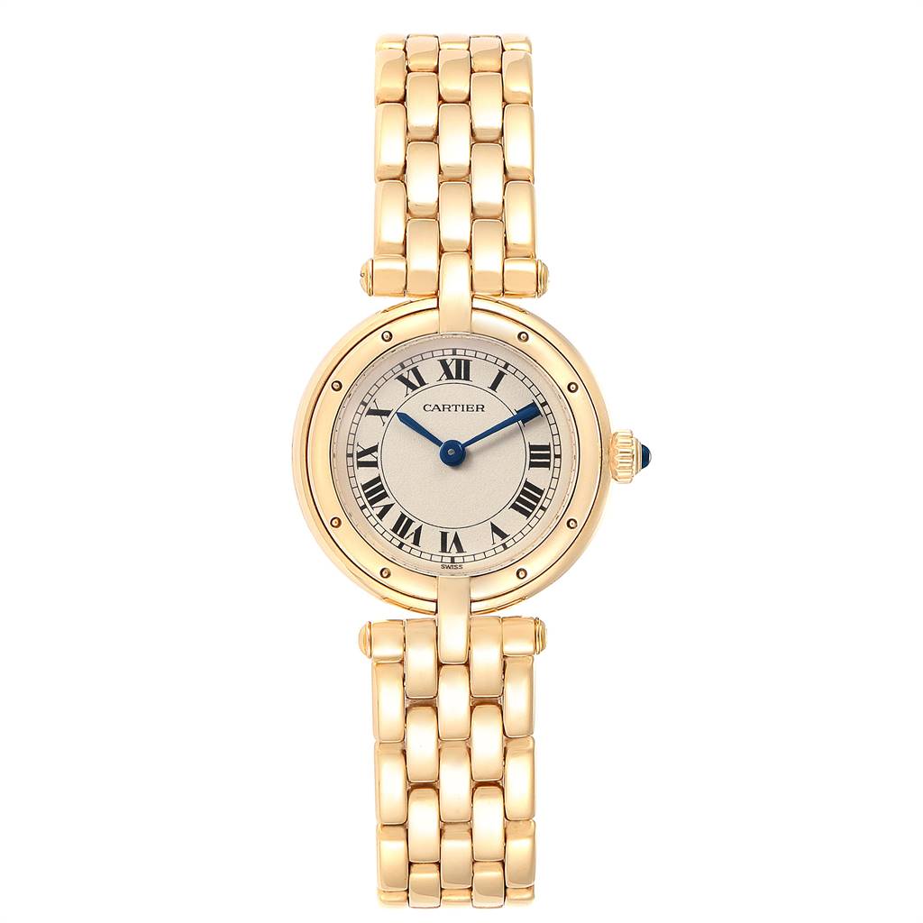 The image displays a front view of a Cartier Panthere 6692 Women's Yellow Gold Silver Dial 6692 Women's Yellow Gold Silver Dial watch, showing the face, bezel, case, crown, and bracelet.