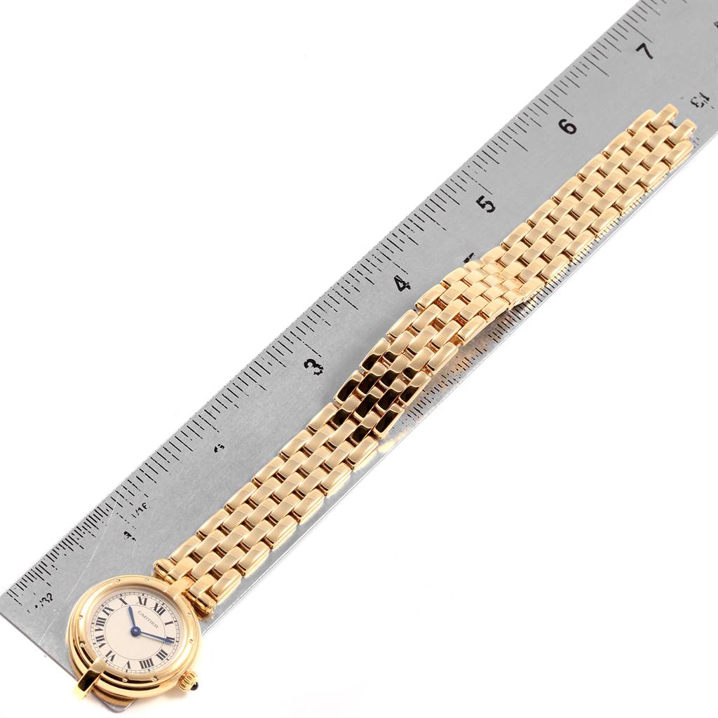 The image shows the Cartier Panthere 6692 Women's Yellow Gold Silver Dial 6692 Women's Yellow Gold Silver Dial watch lying flat with a ruler, displaying the face and bracelet.