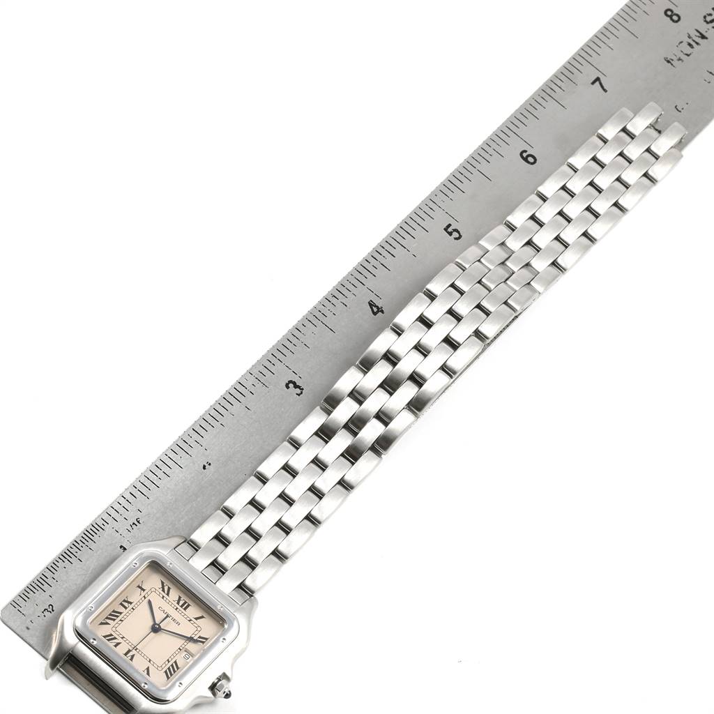 The image shows the Cartier Panthere W25032P5 Men's Stainless Steel Beige Dial W25032P5 Men's Stainless Steel Beige Dial watch, with a focus on its face and bracelet, alongside a ruler for size comparison.