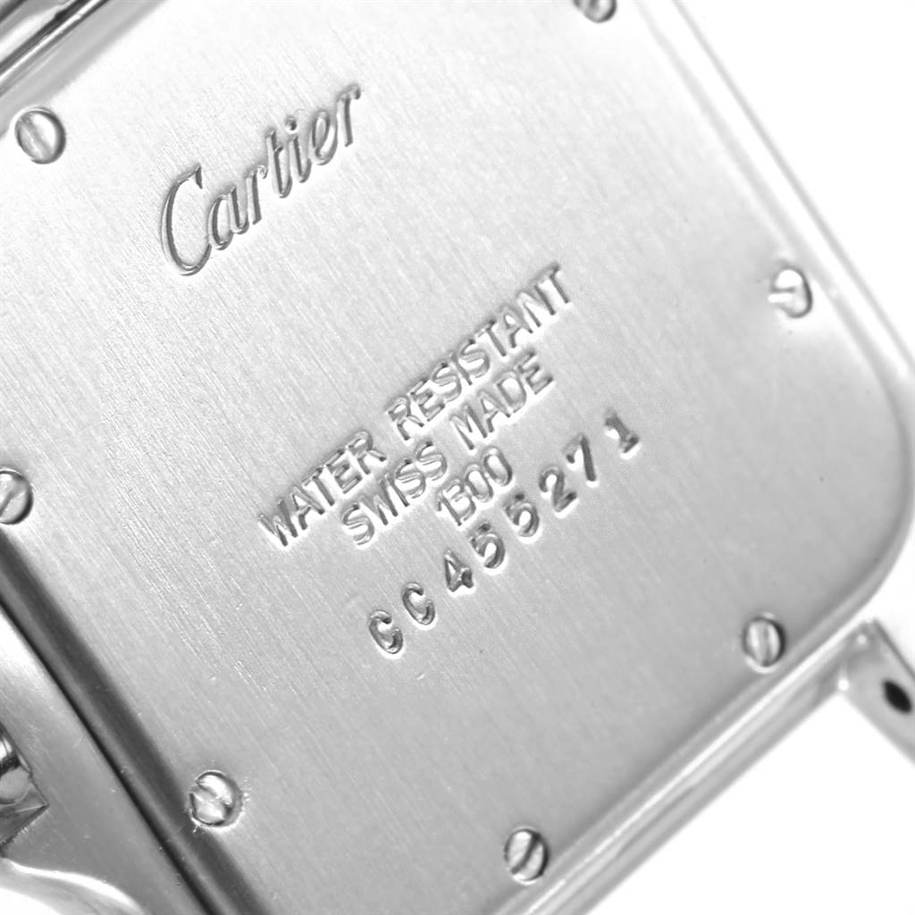 The image shows the backside of a Cartier Panthere W25032P5 Men's Stainless Steel Beige Dial W25032P5 Men's Stainless Steel Beige Dial watch, displaying the engraved markings and serial numbers.