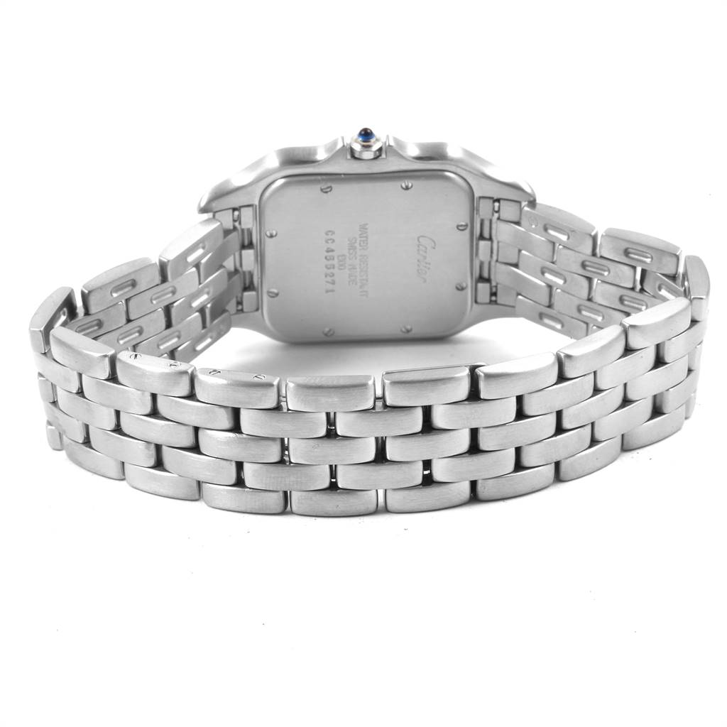 The image shows the back of the Panthere model watch by Cartier, highlighting the case back and metal bracelet.
