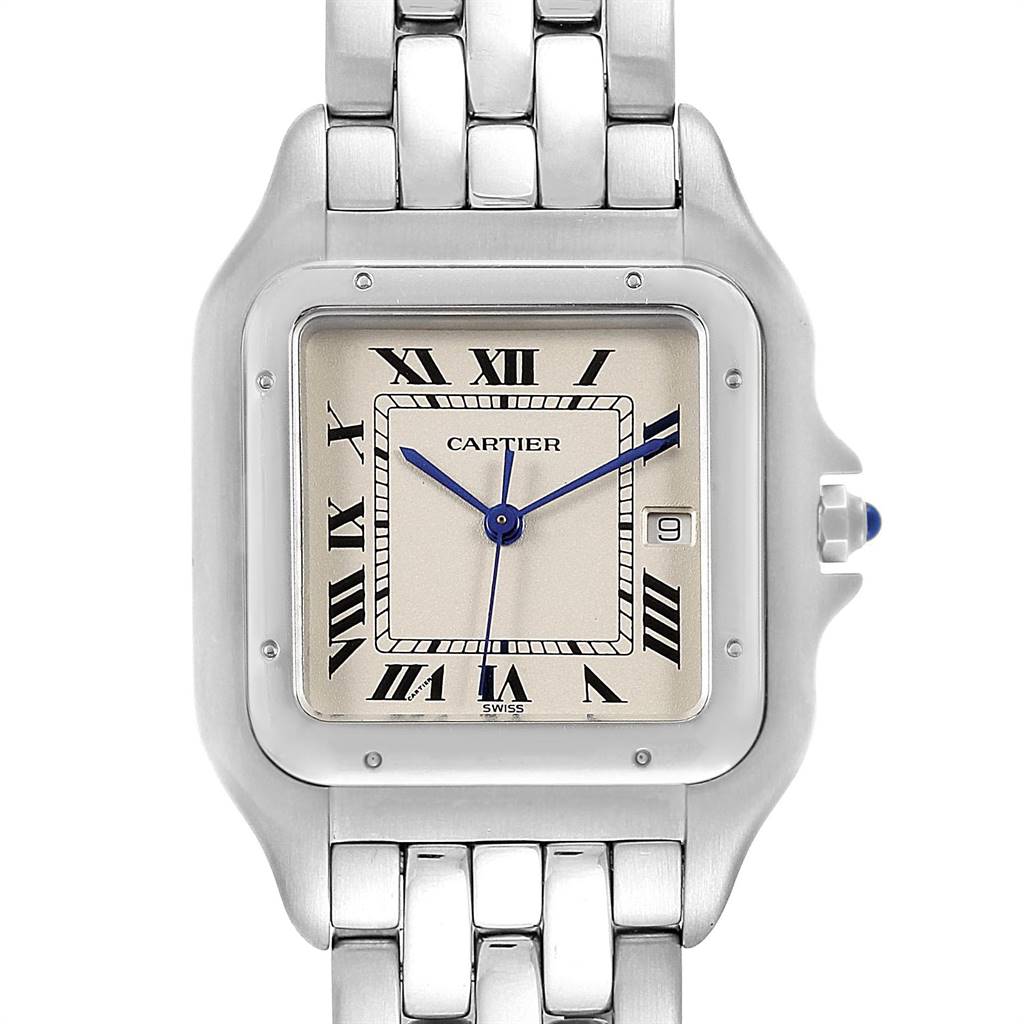 This image shows a close-up front view of the Cartier Panthere W25032P5 Men's Stainless Steel Beige Dial W25032P5 Men's Stainless Steel Beige Dial watch, displaying its face, hands, date window, and bracelet links.
