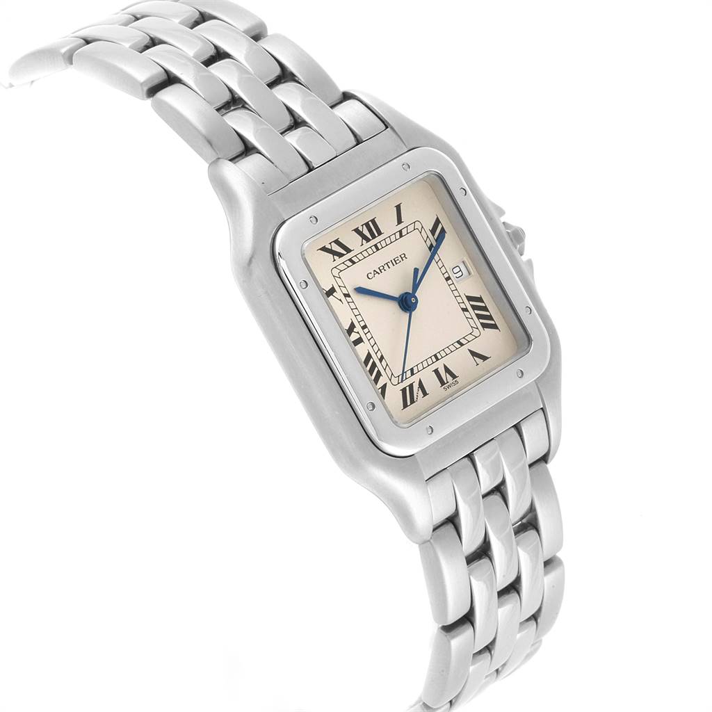 The image shows a Cartier Panthere W25032P5 Men's Stainless Steel Beige Dial W25032P5 Men's Stainless Steel Beige Dial watch angled from the left front, prominently displaying its face and bracelet.
