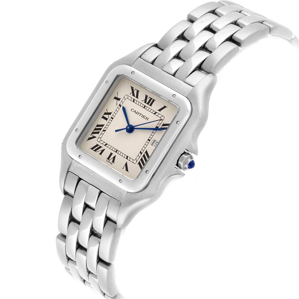 The image shows a Cartier Panthère watch at an angled view, highlighting its face, Roman numerals, blue hands, and bracelet.