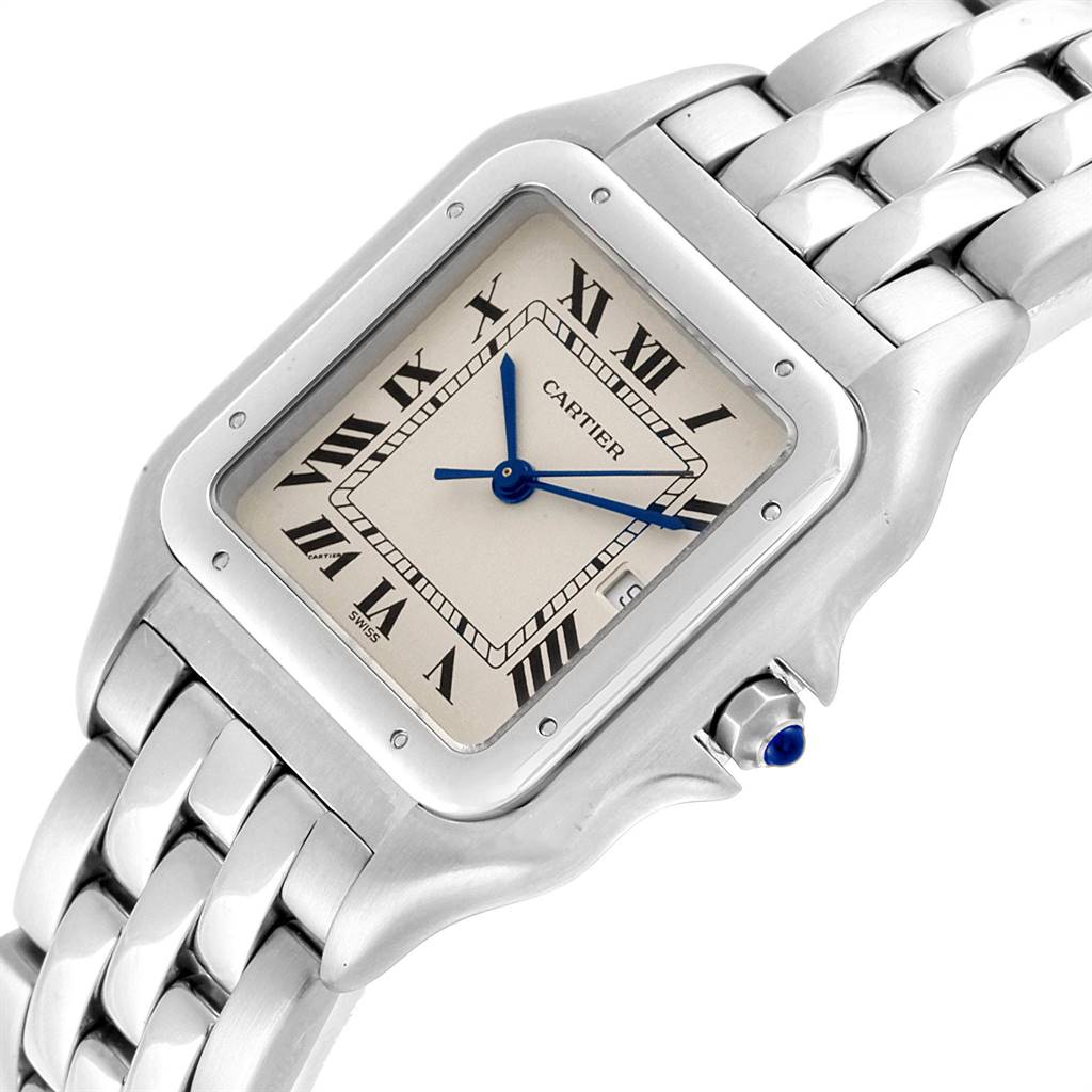 The image shows a close-up of the Cartier Panthere W25032P5 Men's Stainless Steel Beige Dial W25032P5 Men's Stainless Steel Beige Dial watch, highlighting its face, bracelet, and crown.