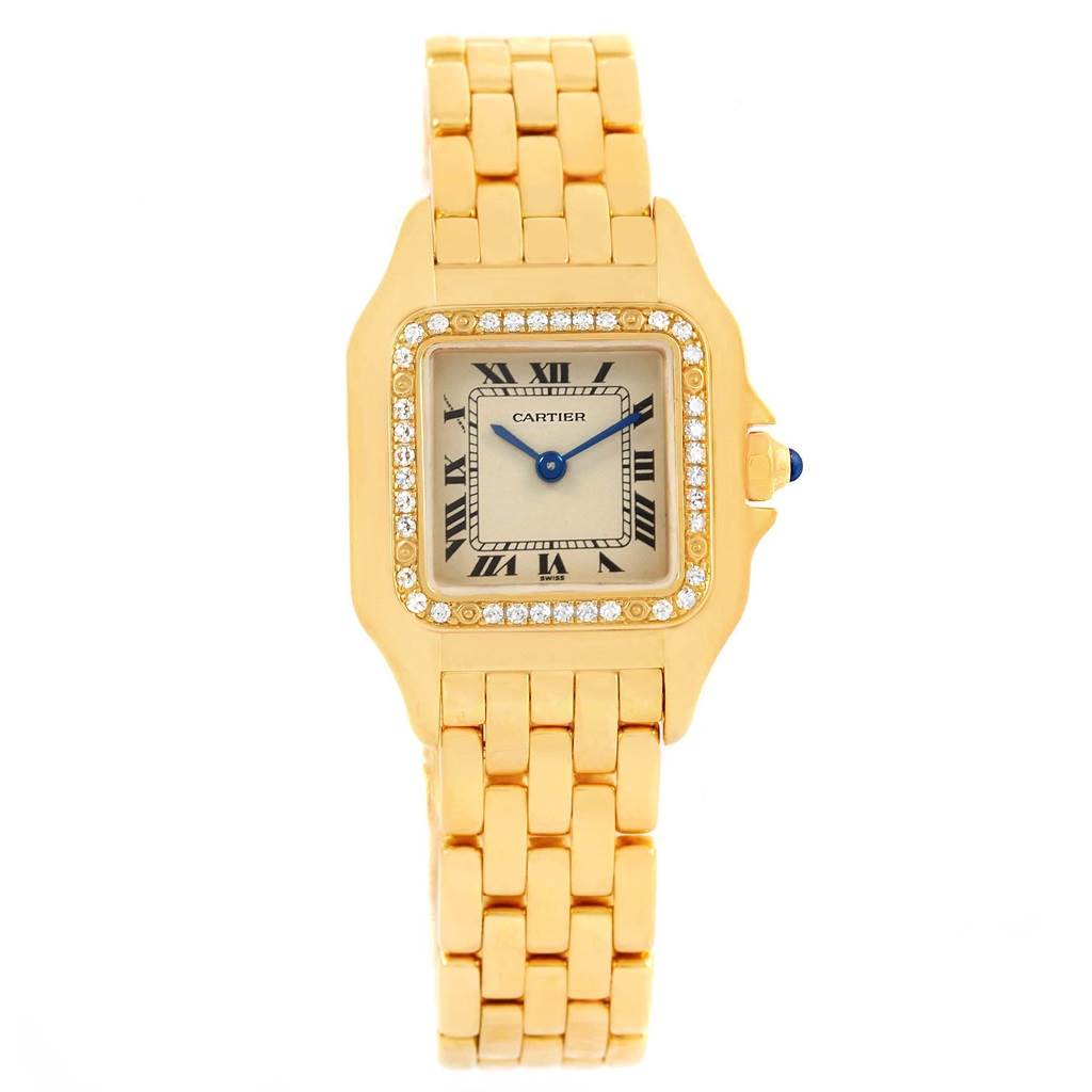 The image shows a Cartier Panthere WF3070B9 Women's Yellow Gold Beige Dial WF3070B9 Women's Yellow Gold Beige Dial watch from a front view, highlighting the gold bracelet, diamond bezel, and Roman numeral dial.