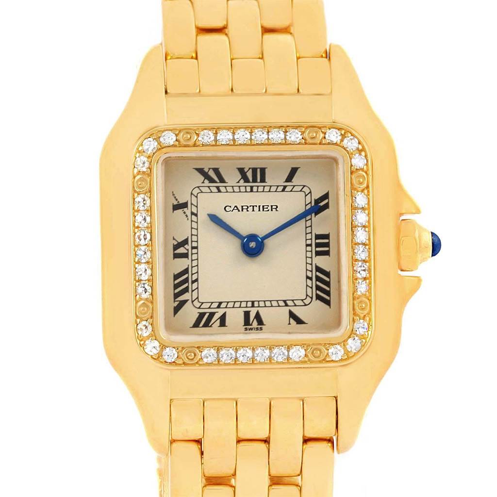 The image shows a close-up of the watch face, bezel, and part of the bracelet of a Cartier Panthere WF3070B9 Women's Yellow Gold Beige Dial WF3070B9 Women's Yellow Gold Beige Dial model.