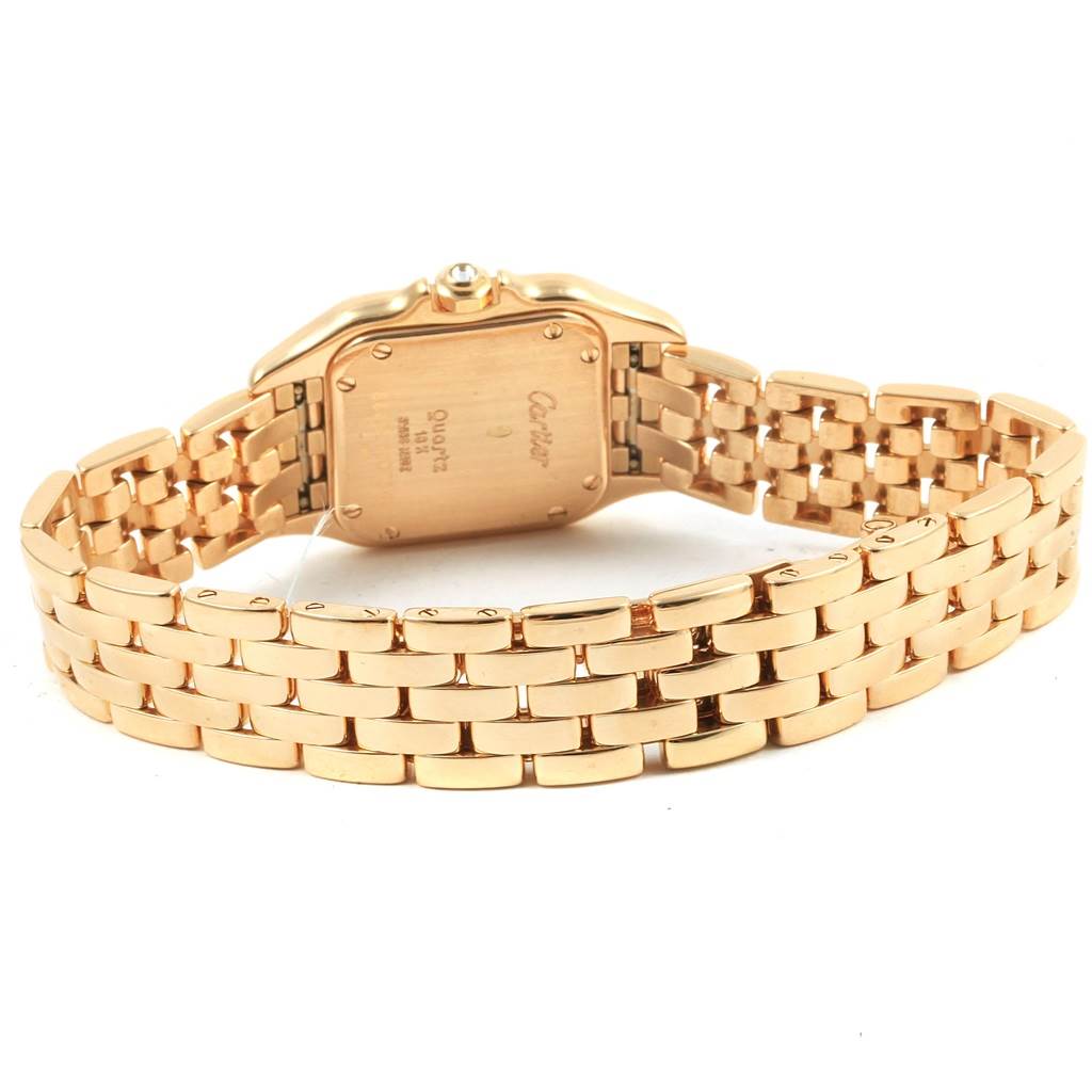 This image shows the back view of the Cartier Panthere WF3070B9 Women's Yellow Gold Beige Dial WF3070B9 Women's Yellow Gold Beige Dial watch, highlighting its case back and gold bracelet.