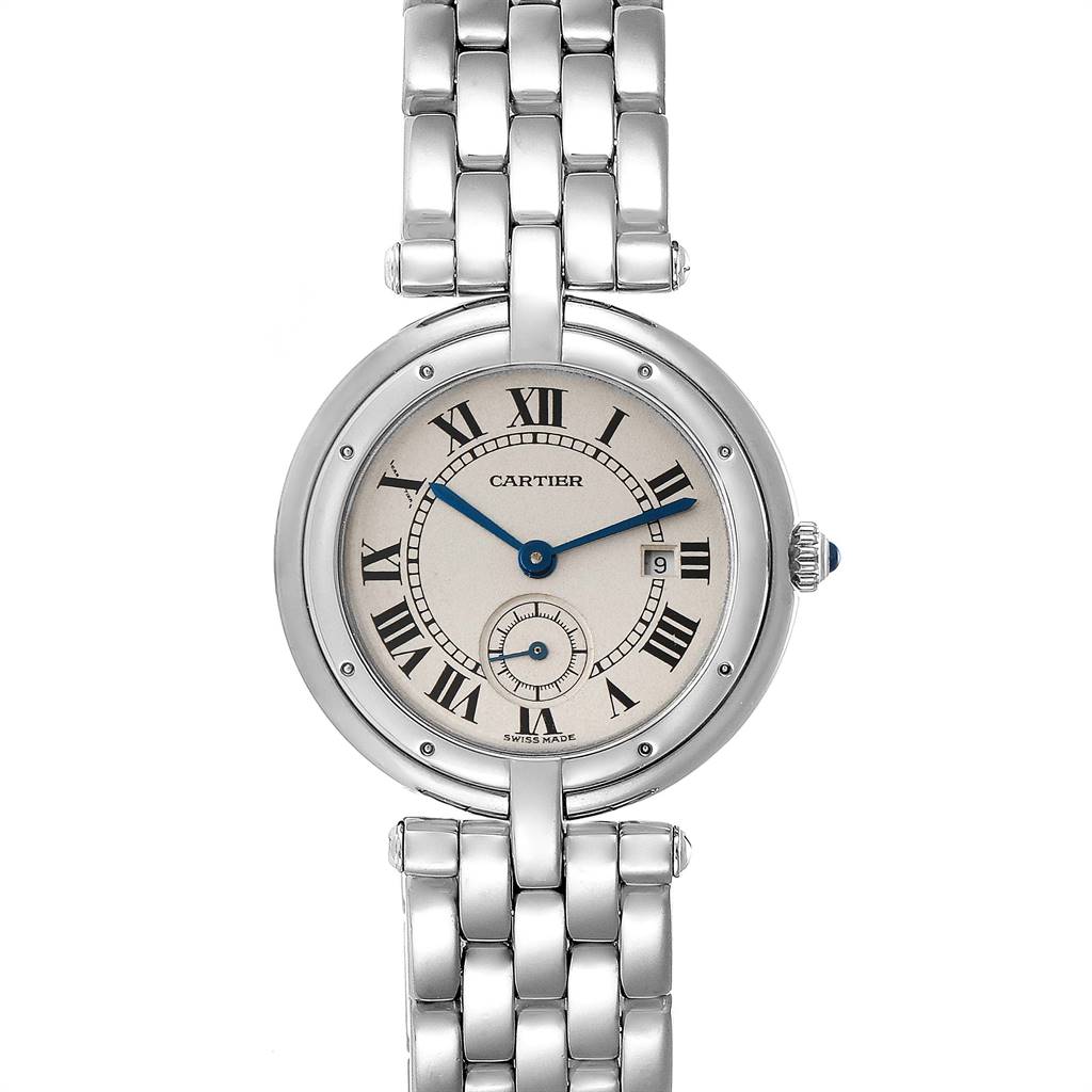The image shows a front view of the Cartier Panthere 0029 Women
s White Gold Silver Dial 0029 Women
s White Gold Silver Dial watch, detailing its face, hands, crown, and stainless steel bracelet.