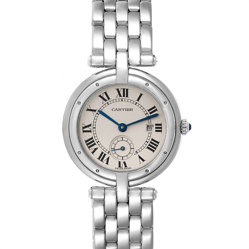 The image shows a front view of the Cartier Panthere watch, detailing its face, hands, crown, and stainless steel bracelet.