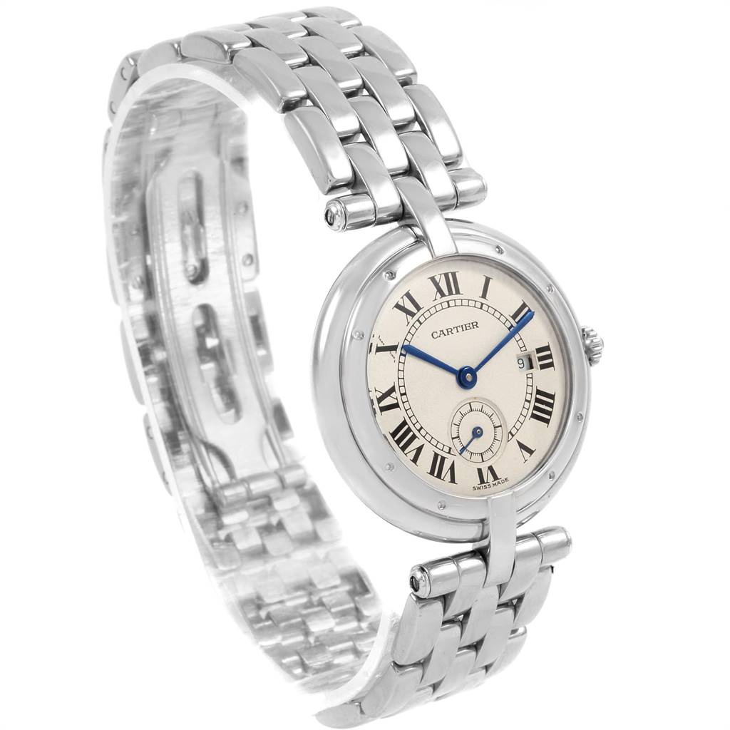 The image shows a front angled view of the Cartier Panthere 0029 Women
s White Gold Silver Dial 0029 Women
s White Gold Silver Dial watch, highlighting its dial, Roman numerals, and metal bracelet.