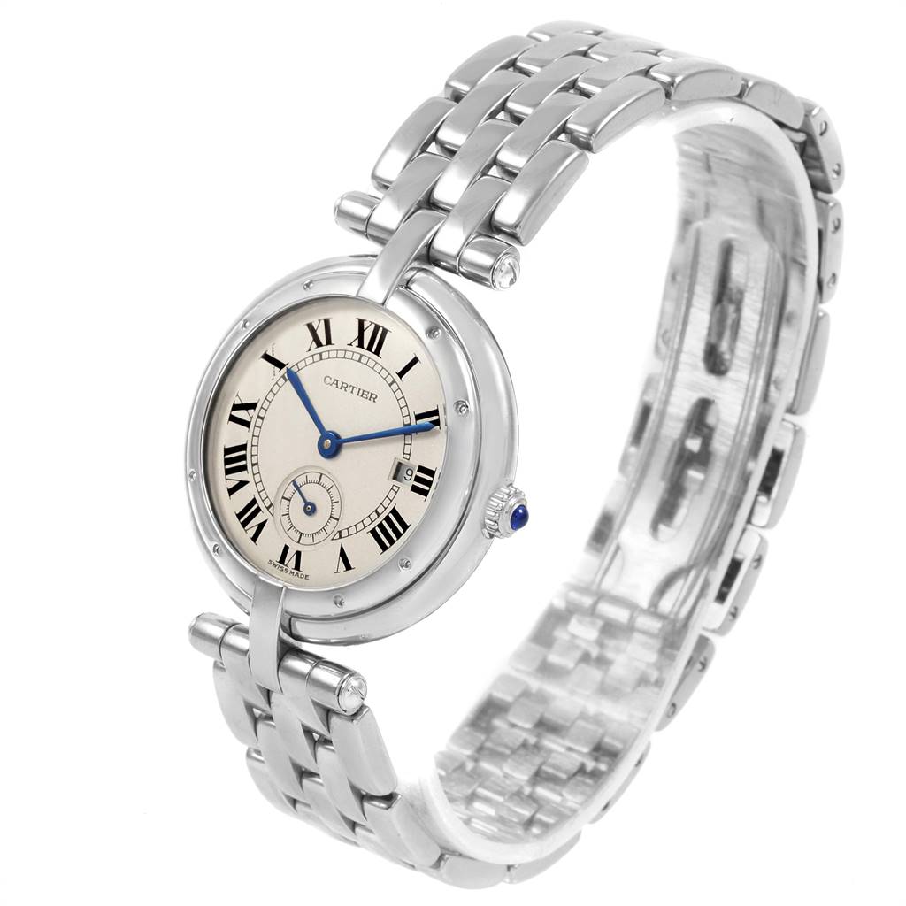 The image shows a side and top view of the Cartier Panthere 0029 Women
s White Gold Silver Dial 0029 Women
s White Gold Silver Dial watch, highlighting its face, bezel, and bracelet.