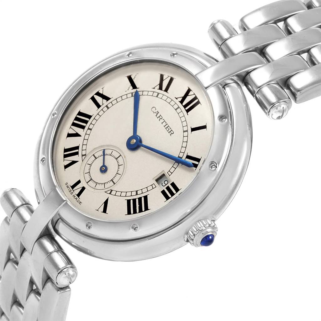 The image shows the face and part of the metal band of the Panthere model by Cartier at an angled view.