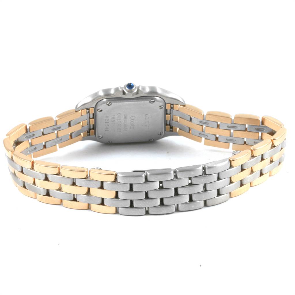 The image shows the back view of a Cartier Panthere W25029B6 Women
s Stainless Steel Silver Dial W25029B6 Women
s Stainless Steel Silver Dial watch, highlighting its two-tone metal bracelet and case back.
