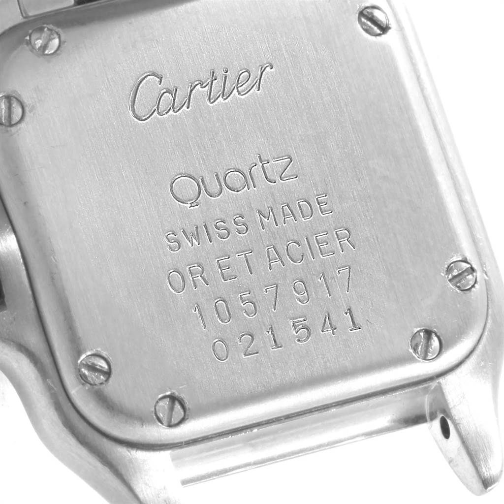 This image shows the back case of a Cartier Panthere W25029B6 Women
s Stainless Steel Silver Dial W25029B6 Women
s Stainless Steel Silver Dial Quartz wristwatch at a close-up angle.