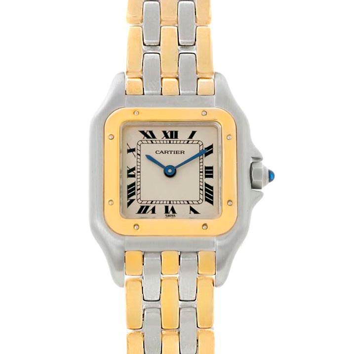 The image shows a frontal view of a Cartier Panthere W25029B6 Women
s Stainless Steel Silver Dial W25029B6 Women
s Stainless Steel Silver Dial watch, highlighting its two-tone bracelet, square dial, and Roman numeral hour markers.