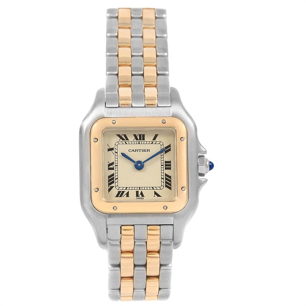 The image shows a front view of the Cartier Panthere W25029B6 Women's Stainless Steel Silver Dial W25029B6 Women's Stainless Steel Silver Dial watch, displaying its two-tone metal bracelet, square face, and Roman numeral markers.