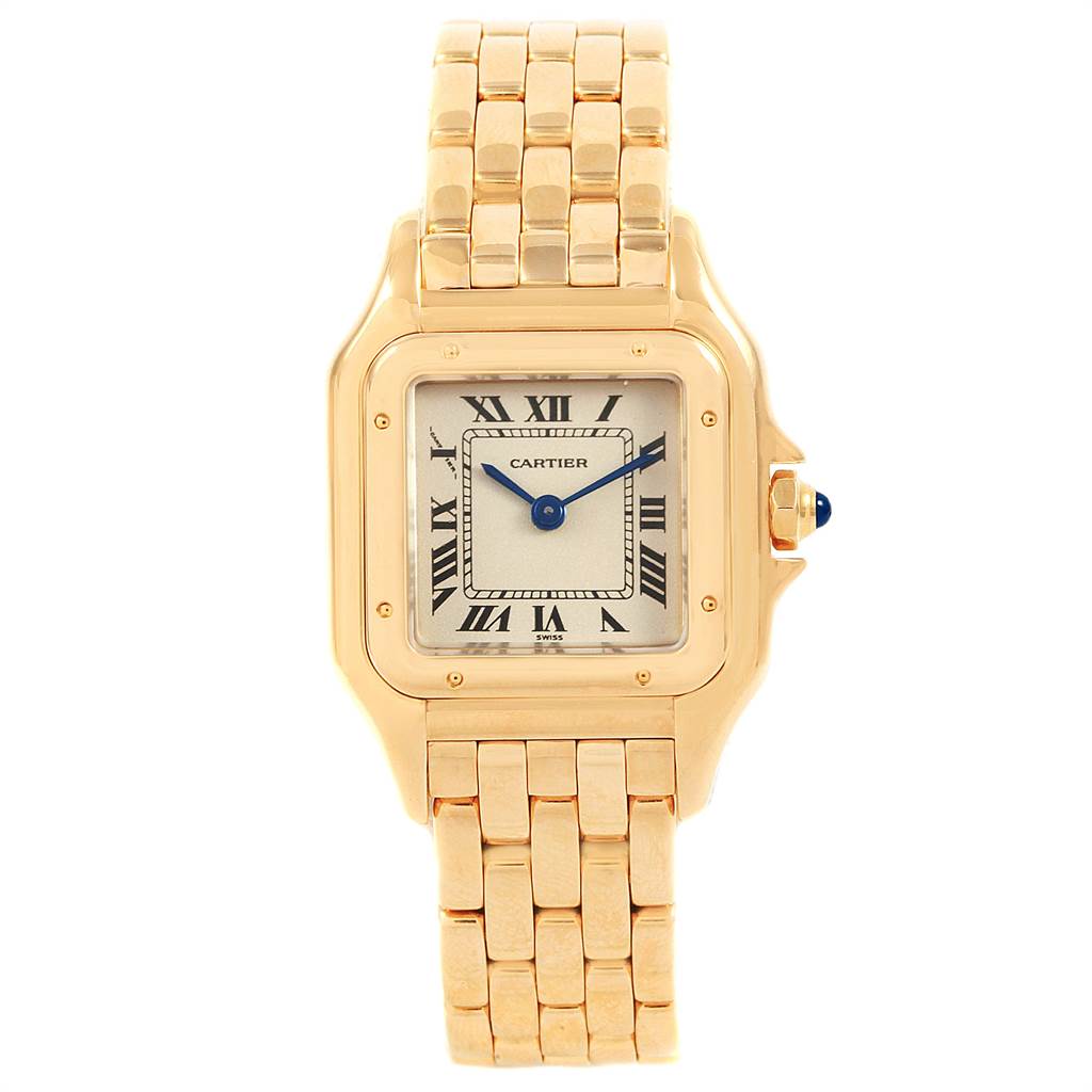 The image shows a frontal view of a Cartier Panthere W25022B9 Women's Yellow Gold Silver Dial W25022B9 Women's Yellow Gold Silver Dial watch, highlighting its gold bracelet, square case, and Roman numeral dial.