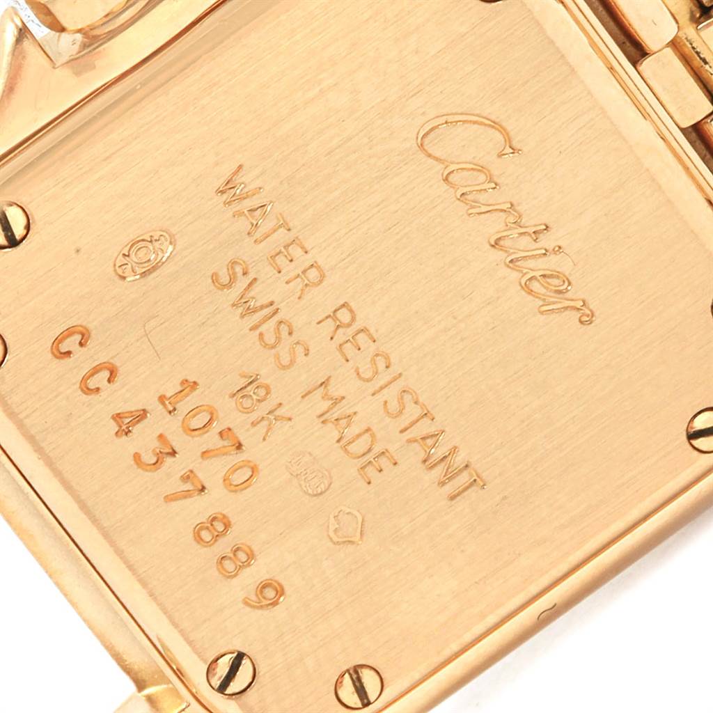 The image shows the back case of a Cartier Panthere W25022B9 Women's Yellow Gold Silver Dial W25022B9 Women's Yellow Gold Silver Dial watch, displaying details like "Cartier," "Water Resistant," and "Swiss Made."