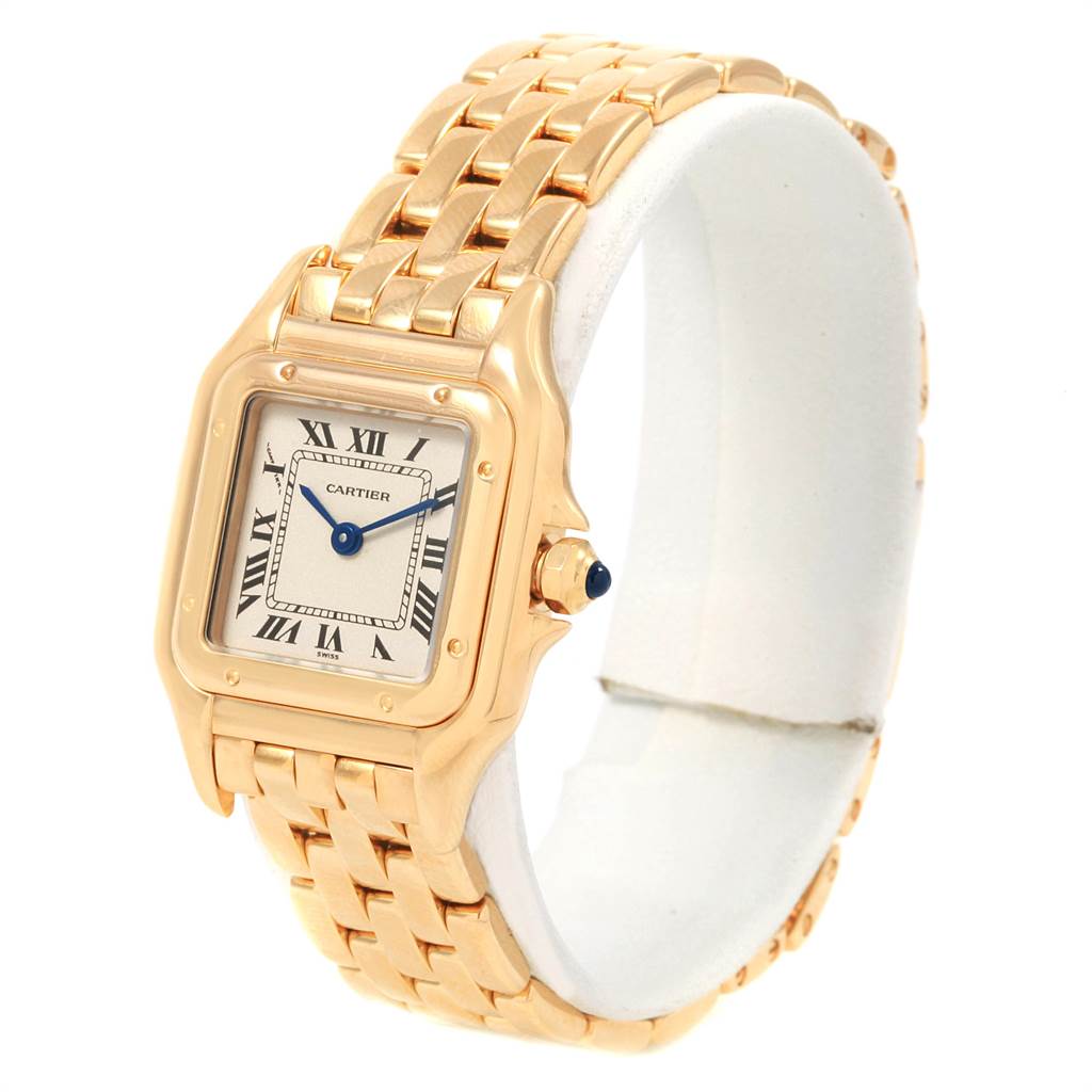 The image shows a Cartier Panthere W25022B9 Women's Yellow Gold Silver Dial W25022B9 Women's Yellow Gold Silver Dial watch from a front angle, highlighting the face and gold link bracelet.