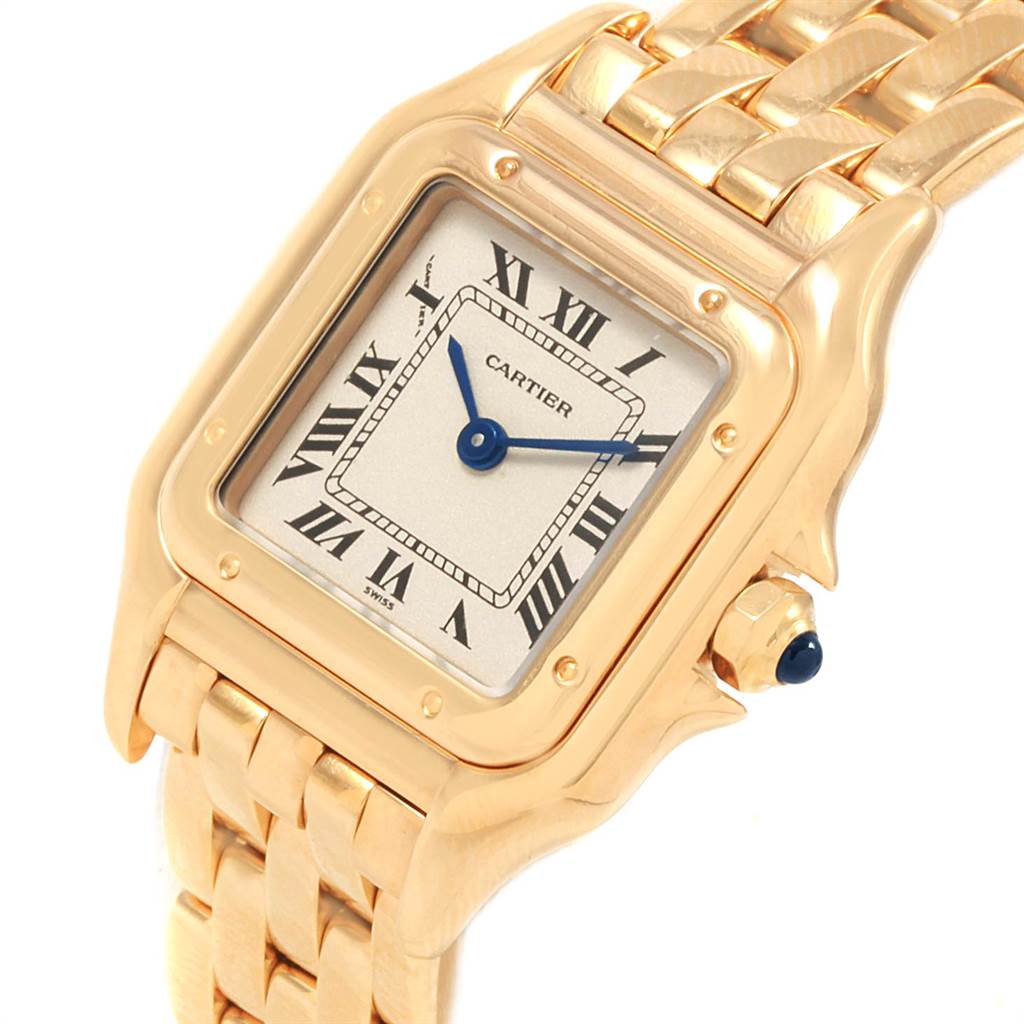 The image shows a close-up angle of the Cartier Panthere W25022B9 Women's Yellow Gold Silver Dial W25022B9 Women's Yellow Gold Silver Dial watch, focusing on the face, bezel, crown, and top section of the bracelet.
