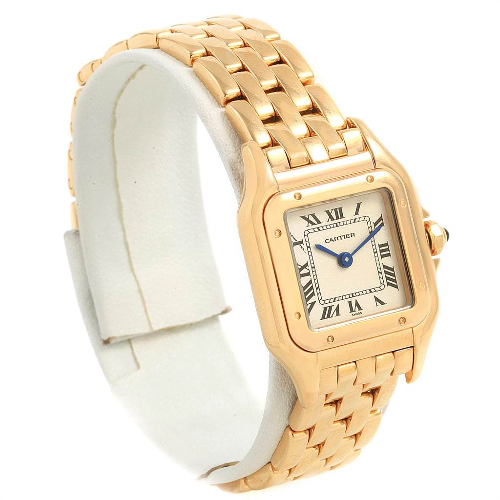 This is a Panthere model watch by Cartier, shown at an angle highlighting the face, bezel, and bracelet.