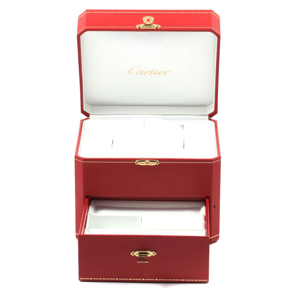 The image shows an open red Cartier box for the Panthère model watch, with an emblem and stitching details.