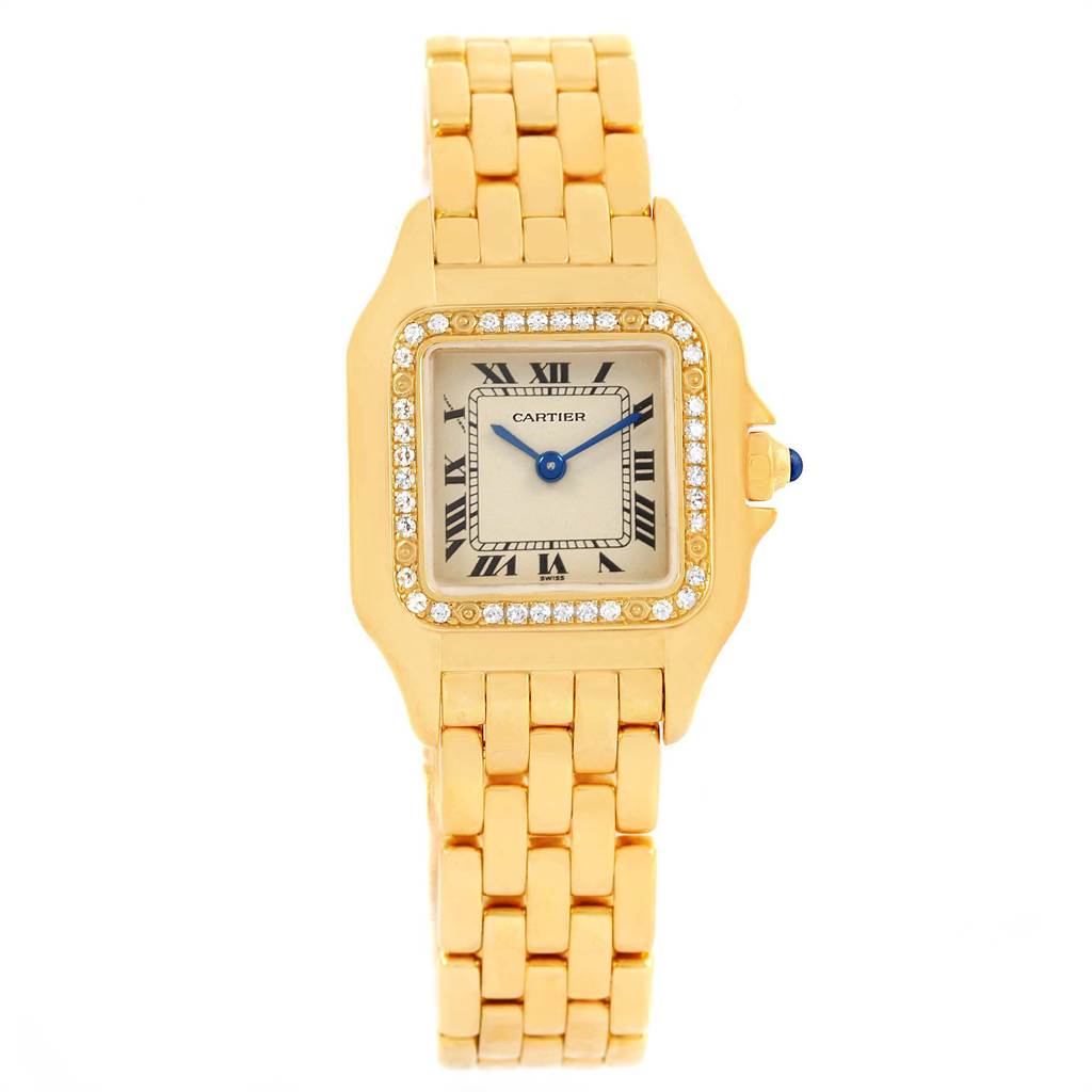 This image shows a front view of a Cartier Panthere WF3070B9 Women's Yellow Gold Beige Dial WF3070B9 Women's Yellow Gold Beige Dial watch, highlighting its face, bezel, and bracelet.