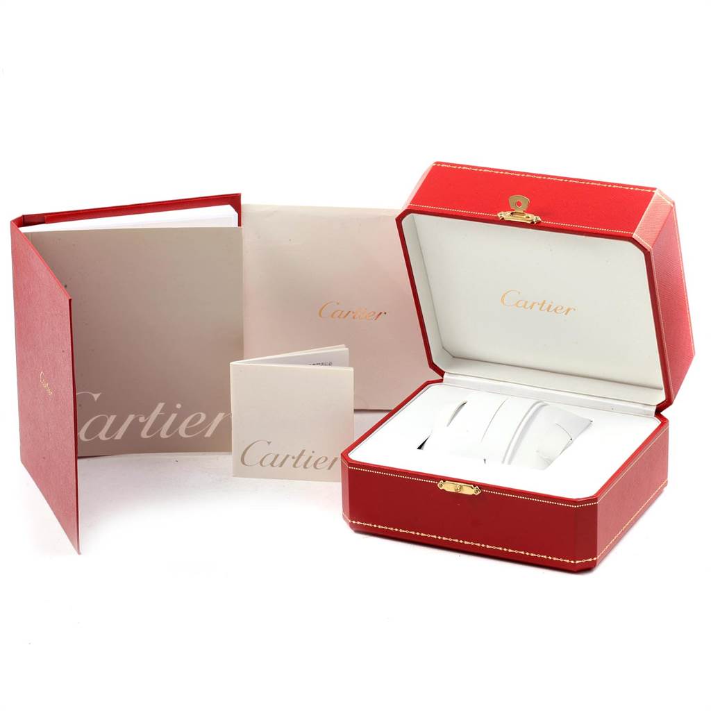 The image shows the packaging and accessories of a Cartier Panthere WF3070B9 Women's Yellow Gold Beige Dial WF3070B9 Women's Yellow Gold Beige Dial model, including a red box and branded booklets.