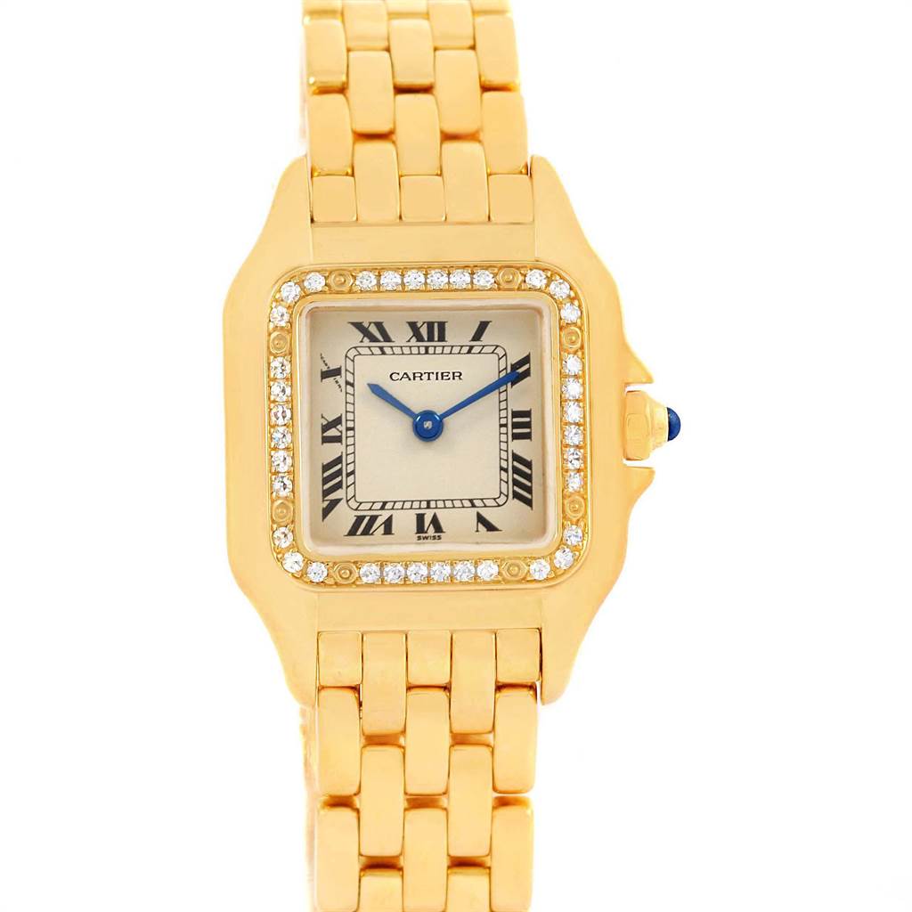 This image shows a frontal view of the Cartier Panthere WF3070B9 Women's Yellow Gold Beige Dial WF3070B9 Women's Yellow Gold Beige Dial watch, highlighting its gold case, diamond bezel, and gold bracelet.