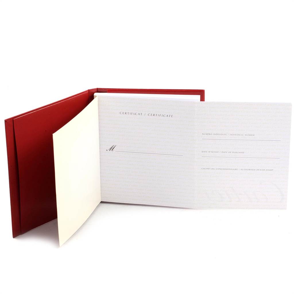 This image shows the warranty certificate booklet for the Panthere model by Cartier, open to reveal its inner pages.