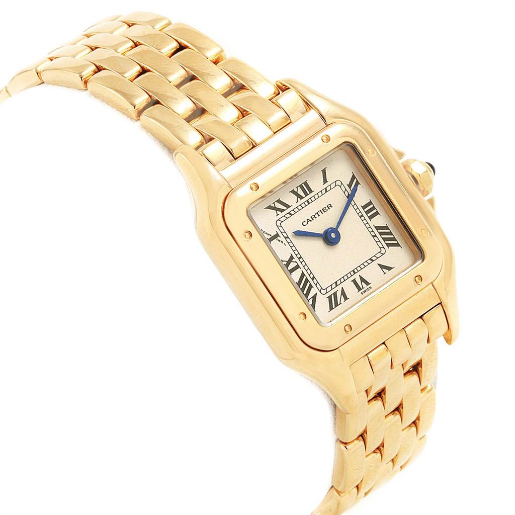 The image shows a Cartier Panthere W25022B9 Women's Yellow Gold Silver Dial W25022B9 Women's Yellow Gold Silver Dial watch at a slight angle, highlighting the gold bracelet, rectangular case, and Roman numeral dial.