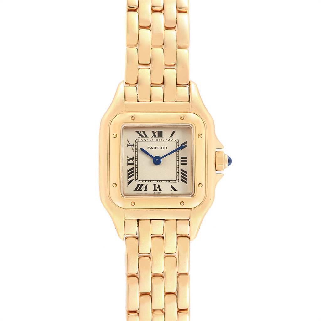 The image shows a frontal view of the Cartier Panthere W25022B9 Women's Yellow Gold Silver Dial W25022B9 Women's Yellow Gold Silver Dial watch, displaying the dial, case, and part of the bracelet.